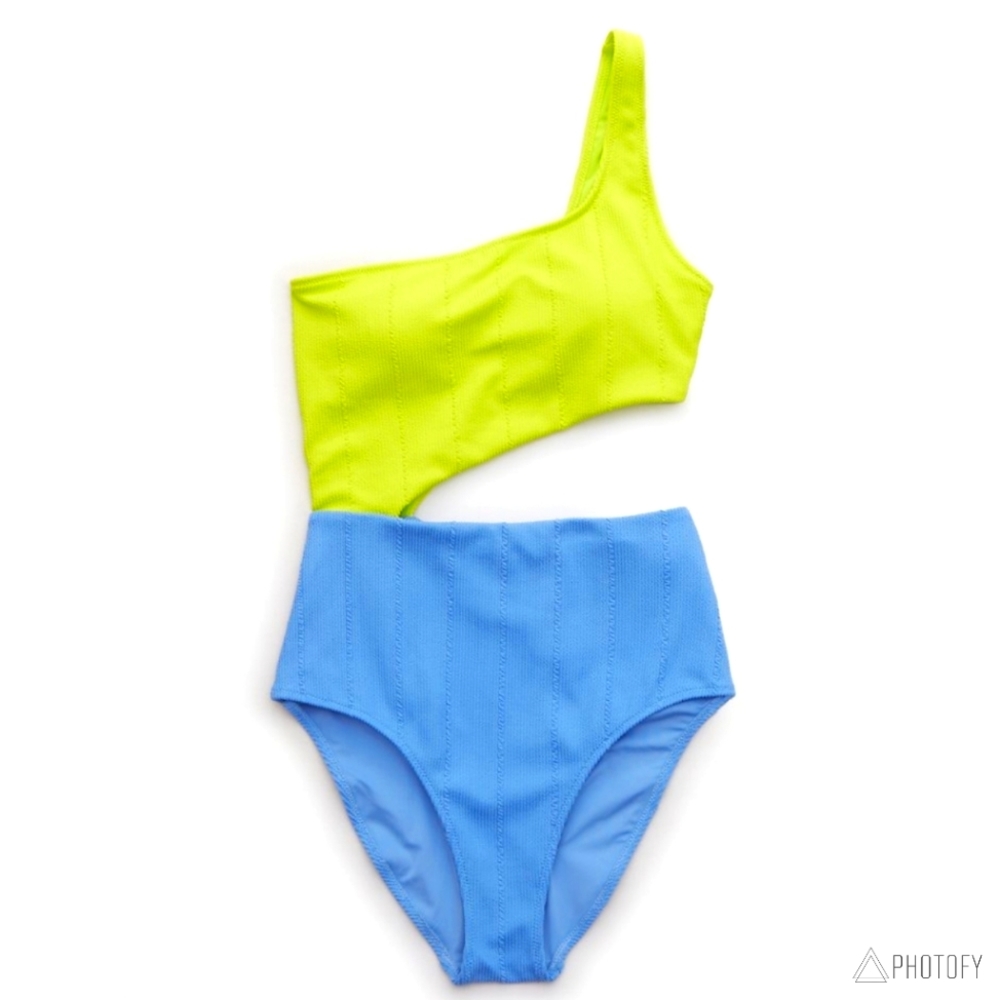 NWT Women's Aerie Asymmetrical One Piece Cut Out Crinkle Swimsuit Blue Yellow